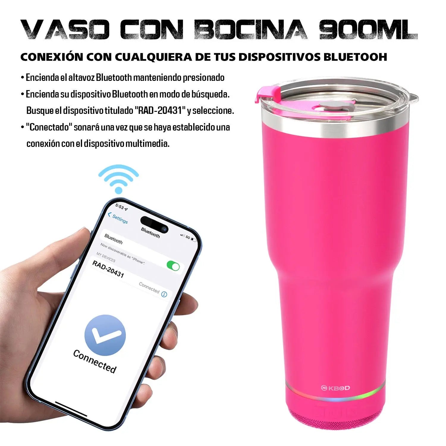 Vaso Térmico 900 Ml Con Bocina Bluetooth Kbod Rad-20431 KBOD