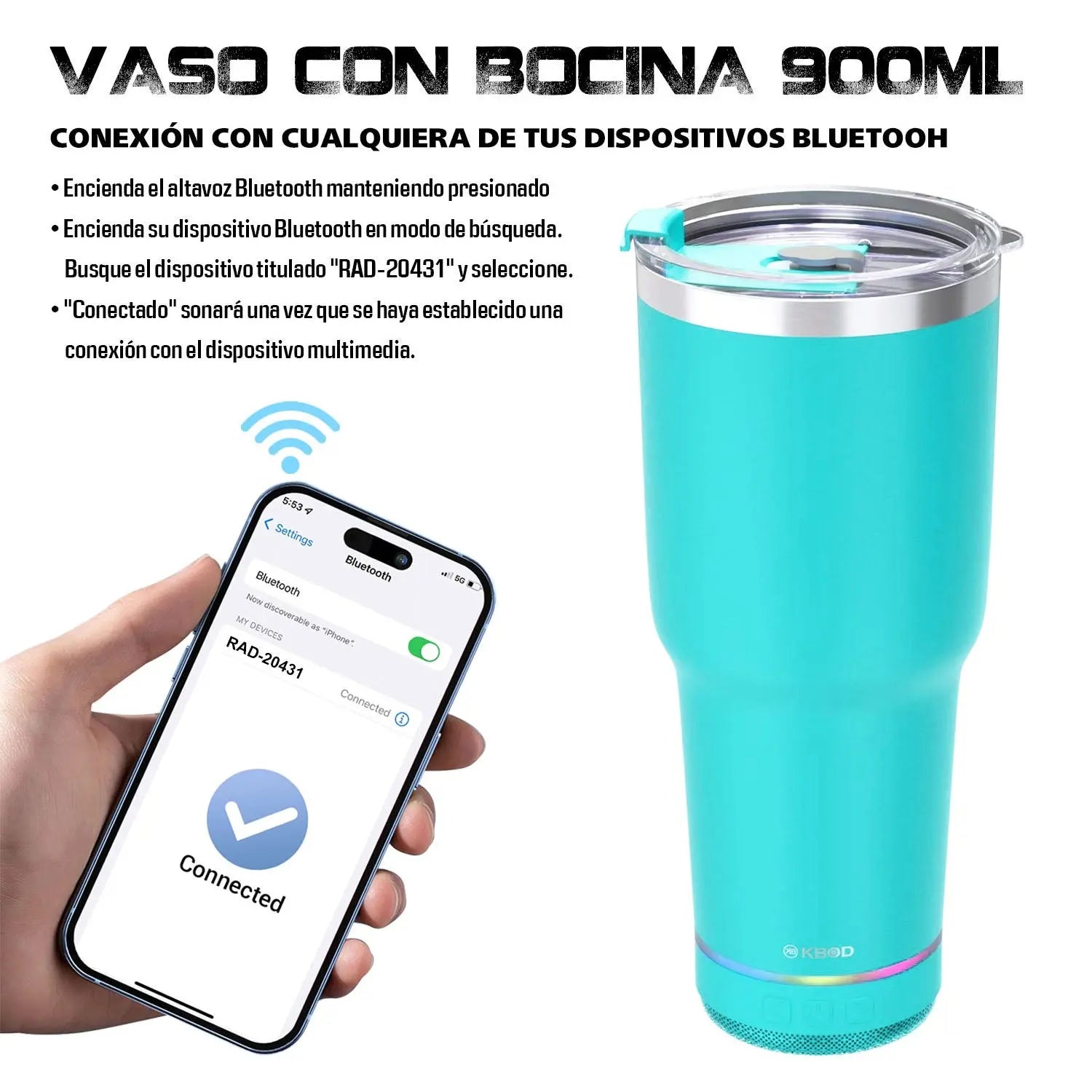 Vaso Térmico 900 Ml Con Bocina Bluetooth Kbod Rad-20431 KBOD